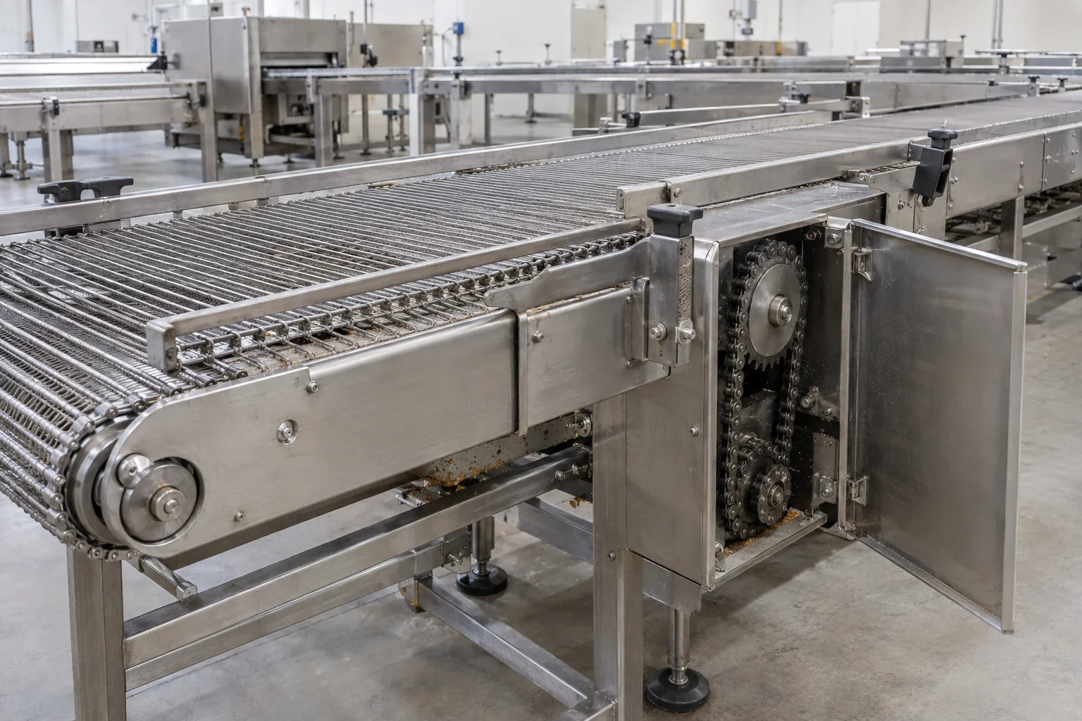 Illustrative empty bakery cooler conveyor with accessible guides, rollers and chain-drive components