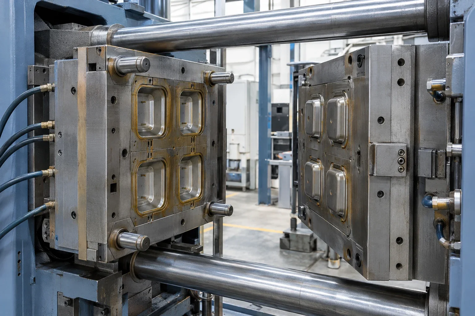 Illustrative open injection mould with matching cavities and guide pins inside a stopped press