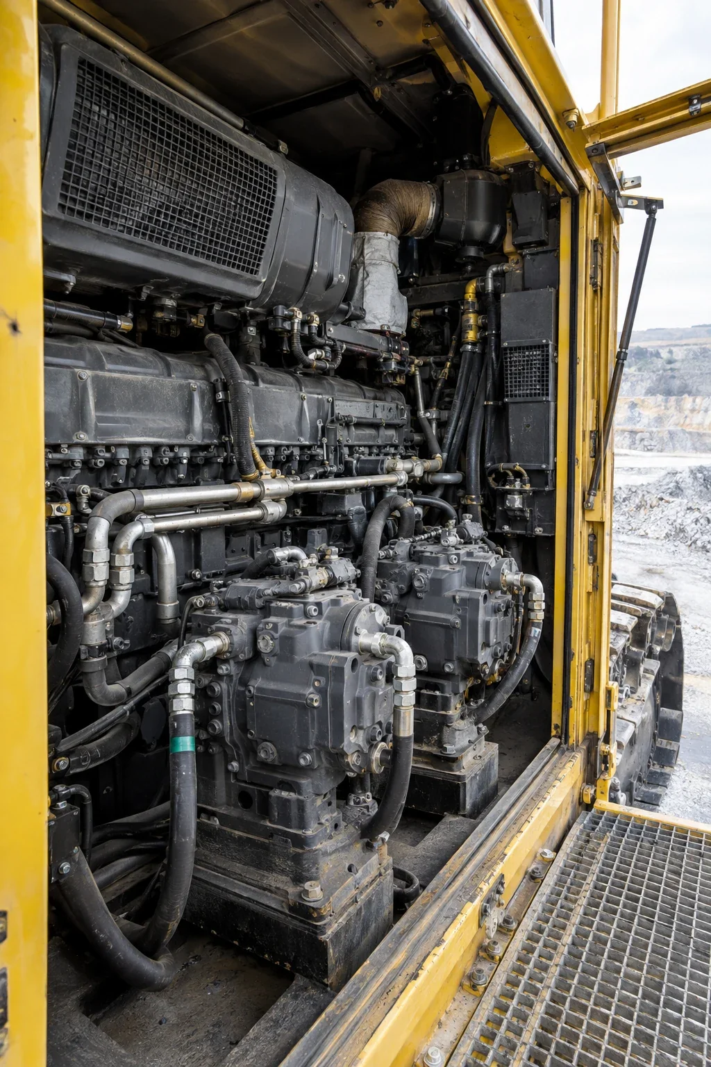 Illustrative mining excavator engine and hydraulic pump service room with connected pipes and accessible pump housings